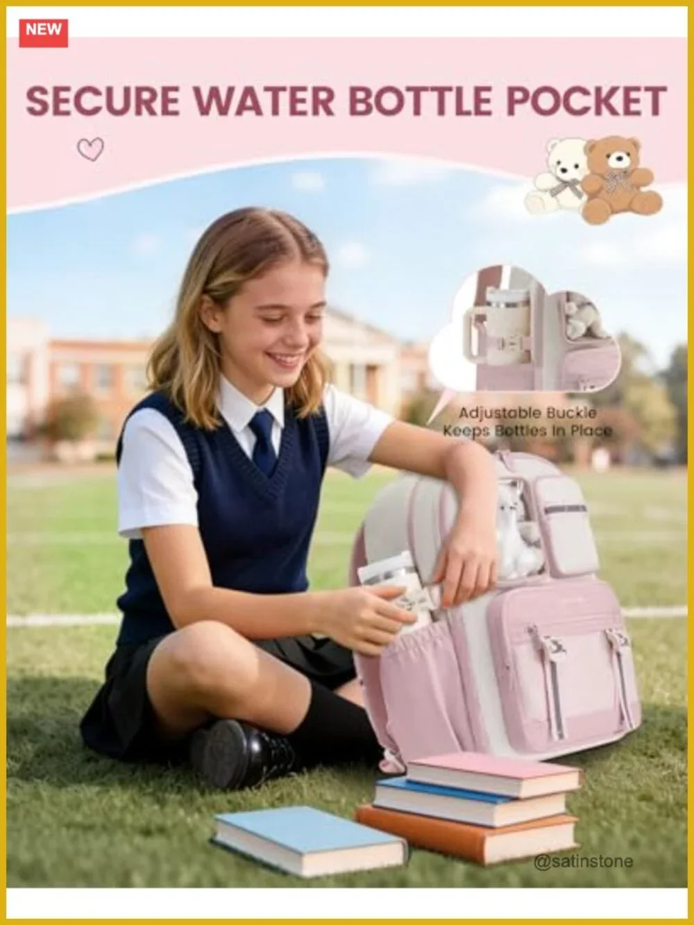 Girls School Backpack with Plush Bear, Laptop Compatible, 3 Compartments, 17